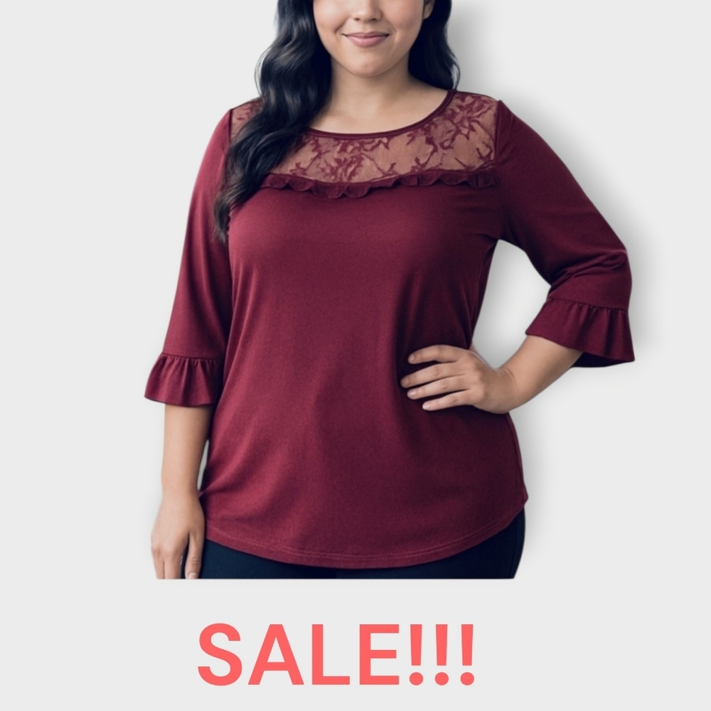 SALE!!!:BloomChic, Ruffle Sleeve Blouse W/ Lace Front, Maroon, See Description